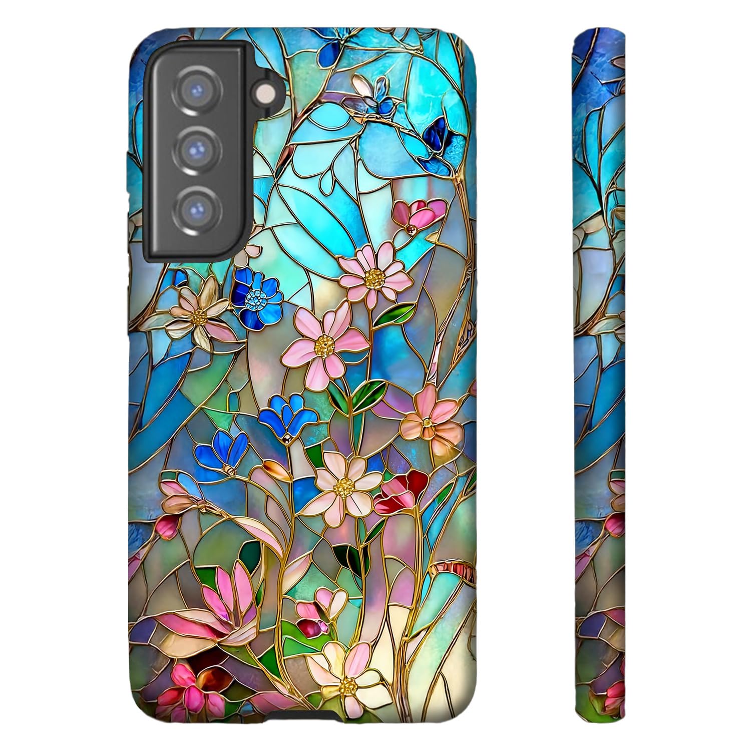 for Samsung Galaxy S23 FE,Dual-Layer Hard Shell+Silicone Cover-Shockproof Protective Phone Case for Women Girls- Stained Glass Bloom Flower
