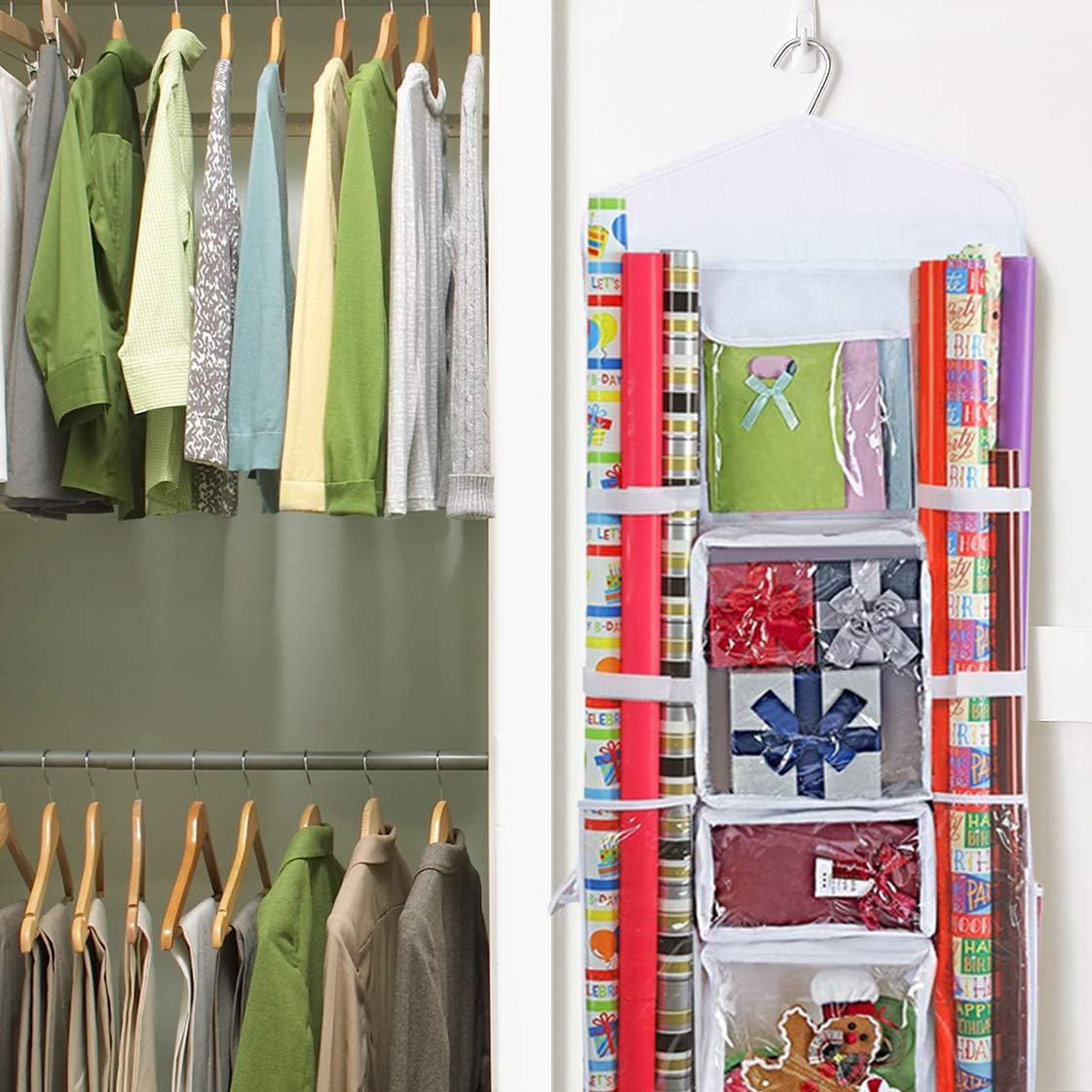 ProPik Hanging Double Sided Wrapping Paper Storage Organizer With Multiple Front And Back Pockets Organize Your Gift Wrap & Gift Bags Bows Ribbons 40”X17" Fits 40 Inch Rolls (White): Beauty