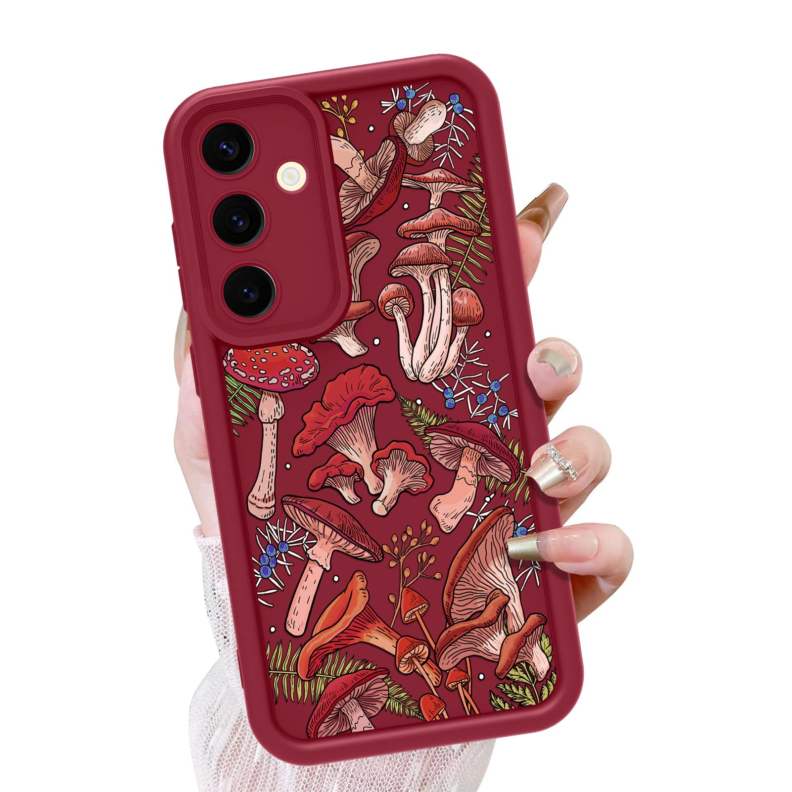 KANGHAR Wine Red Case for Samsung Galaxy S24 Fe Case, Cute Mushroom Art Design Soft TPU Shockproof Protective for Women Girls Slim Phone Cover-Wine Red