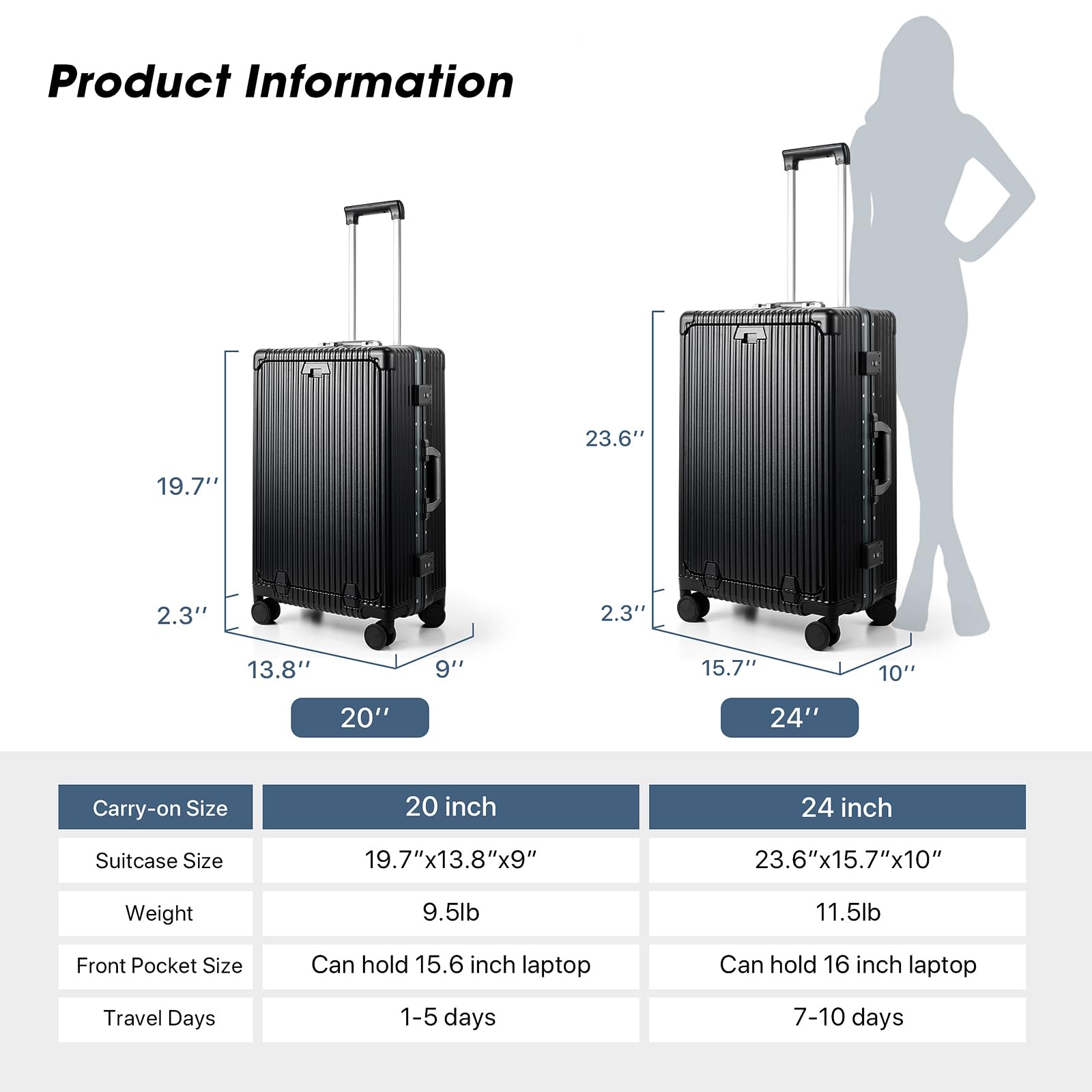 MRPLUM Front Pocket Carry On Luggage,PC Hardside Spinner Wheel Suitcase with TSA Lock, Cup Holder,Phone Holder&USB Charging Port,20 inch,White