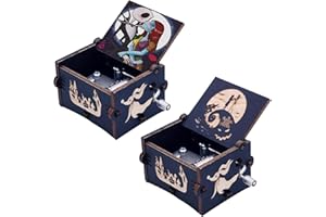 WISHDIAM 2 PCS Music Box for Nightmare Halloween Before Christmas Vintage Engraved Wood Music Box with Music This is Halloween, Halloween Music Box Gift for Daughter/Wife, Music Box Gifts for Christmas