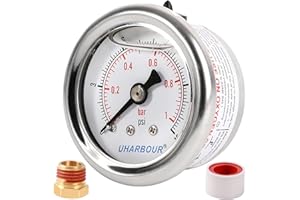 UHARBOUR Glycerin Filled Pressure Gauge with 304 Stainless Steel Case, 1-1/2" Dial Size, 0-15Psi/Bar, High Accuracy, 1/8"NPT Center Back Mount…