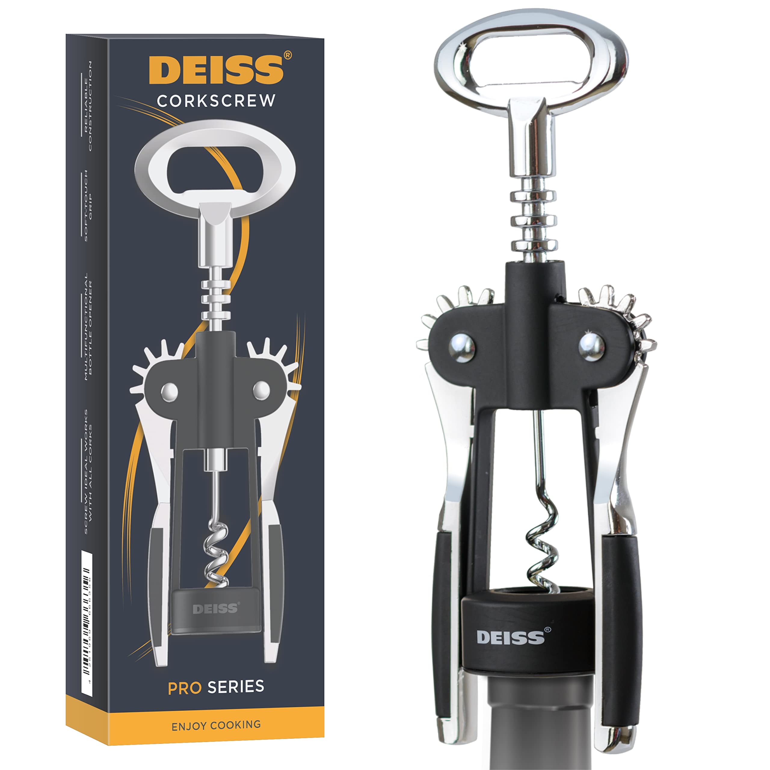Deiss PRO Wing Corkscrew Wine Opener and Wine Foil Cutter - 2 in 1 Wine Corkscrew and Bottle Opener - The Easiest Way to Open a Wine Bottle - Light and Sturdy Construction