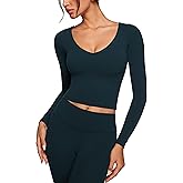 INGIA Womens V-Neck Long Sleeve Workout Crop Tops Slim Fit Padded Athletic Shirts Casual Yoga Gym Tops