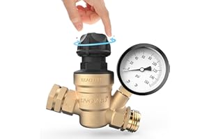 RVGUARD RV Water Pressure Regulator Valve With An Adjustable Knob, NO Tool Required, Brass Lead-Free Water Pressure Reducer with Gauge and Inlet Screen Filter for RV Camper Travel Trailer