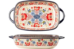Bicuzat Vintage Flowers Style Ceramic Bakeware Casserole Dish Baking Pan Lasagna Pans Baking Dish with Handles for Oven/Cooking/Kitchen-1 PCS-Red Flowers-60 OZ