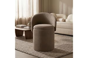 Aykah Cloud Boucle Ottoman Vanity Stool with Storage, Round Ottoman with Lid, Upholstered Teddy Fabric (Espresso Bean)