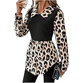 SweatyRocks Women's Leopard Print Collared Blouse Casual Long Sleeve Peplum Shirt Tops