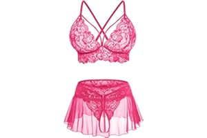 CRIPOM Sexy Lingerie for Women Naughty 3 Piece Lace Bralette, Mini Skirt with G-String Crotchless Lingerie Outfits