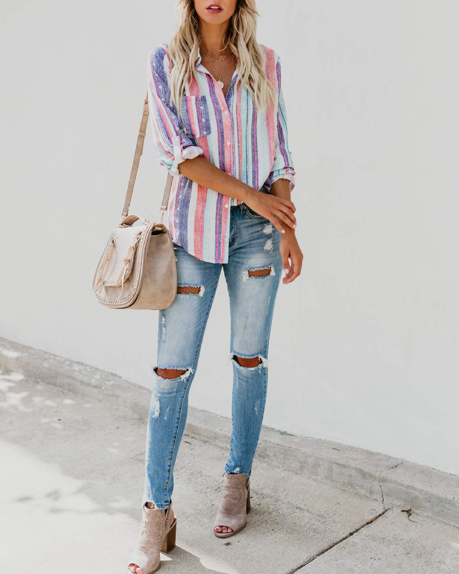 FELACIA Women\'s Button Down Blouses Loose Fit Tops V Neck Stripes Long Sleeve Casual Curved Tunic Tops