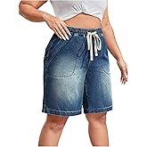 WDIRARA Women's Plus Size Drawstring Waist Denim Shorts Wide Leg Jean Bermuda Shorts with Pockets