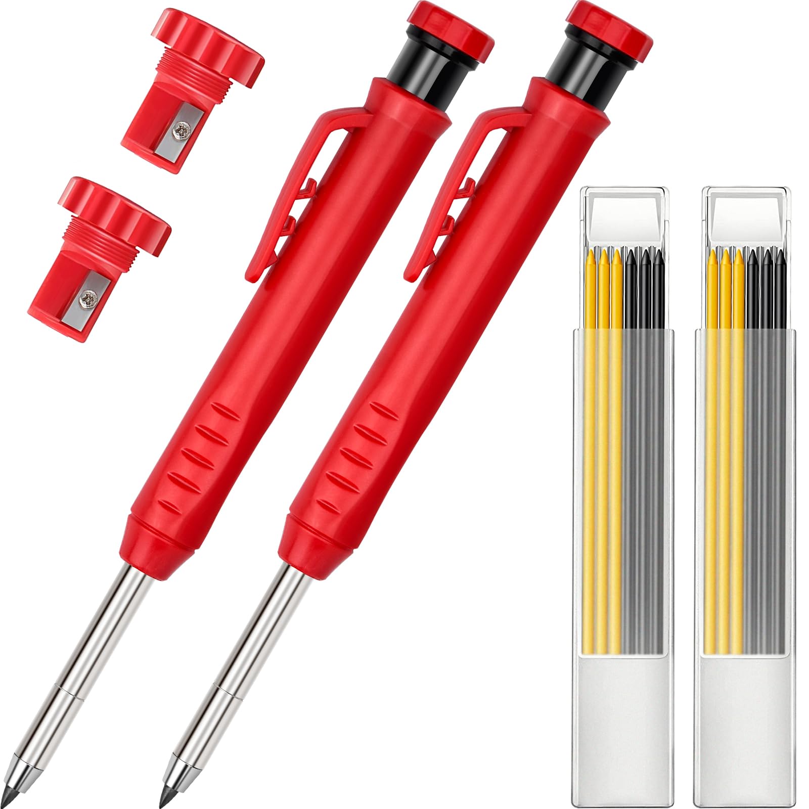 Nerissa 2 Pieces Carpenter Pencil with Sharpener Heavy Duty Woodworking Tools with 12 Refills Mechanical Pencils Set Deep Hole Markers for Builders Construction Architect Woodworking