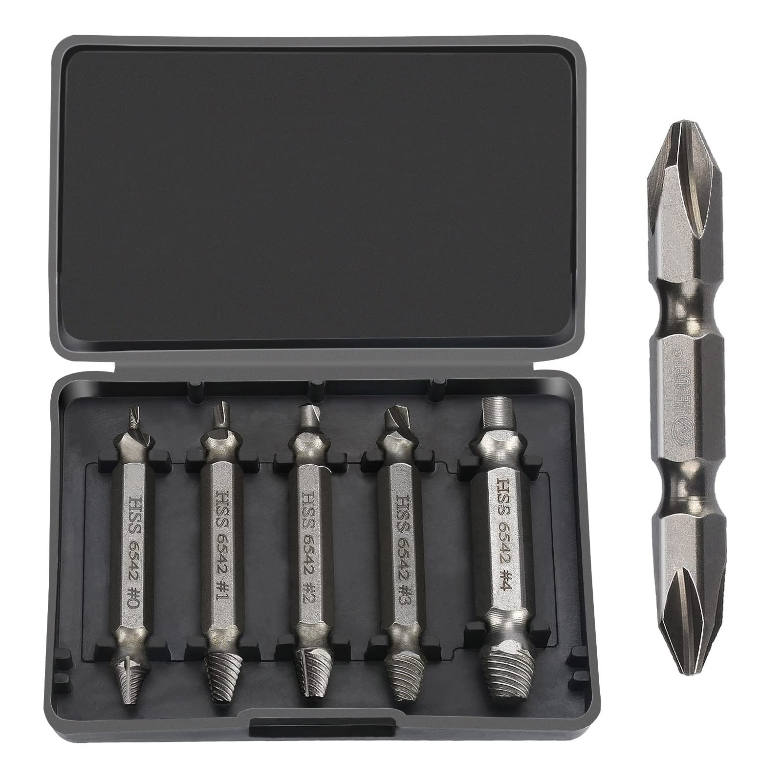 Screw Extractor, Screw Extractor Set with 6 Pieces, Remover Extractor for Removing Damaged Worn Screws in Practical Plastic Box, Made of HSS