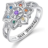 FLYOW 7 Chakra Lotus Ring 925 Sterling Silver Just Breathe Flower Rainbow Cubic Zirconia Yoga Chakra Energy Balance Ring Bands Infinity Jewelry Birthday Gift for Women Spiritual Healing