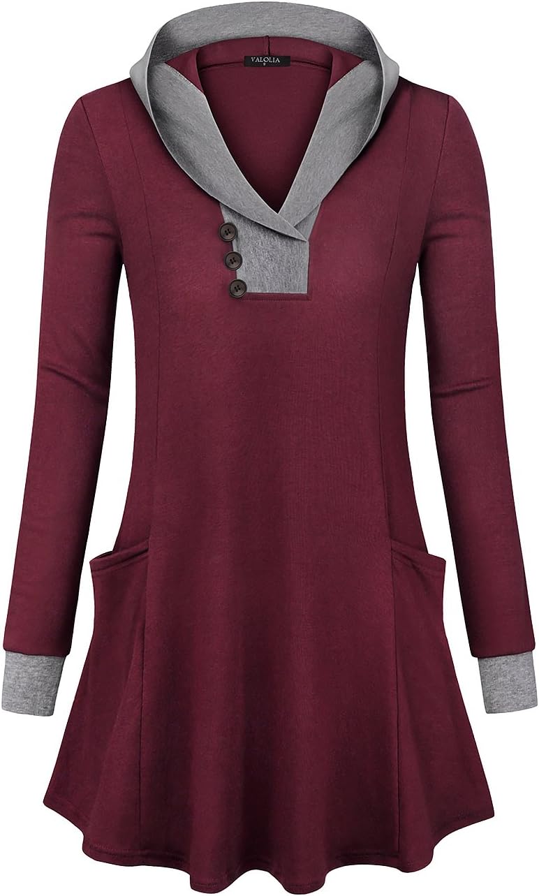 VALOLIA Women's V Neck Thin Tunic Hood Sweatshirts Hemline Tunic Top Pullover with Pockets
