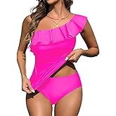 Yonique Women's Two Piece Swimsuits One Shoulder Tankini Tummy Control Bathing Suits Ruffle Swimwear