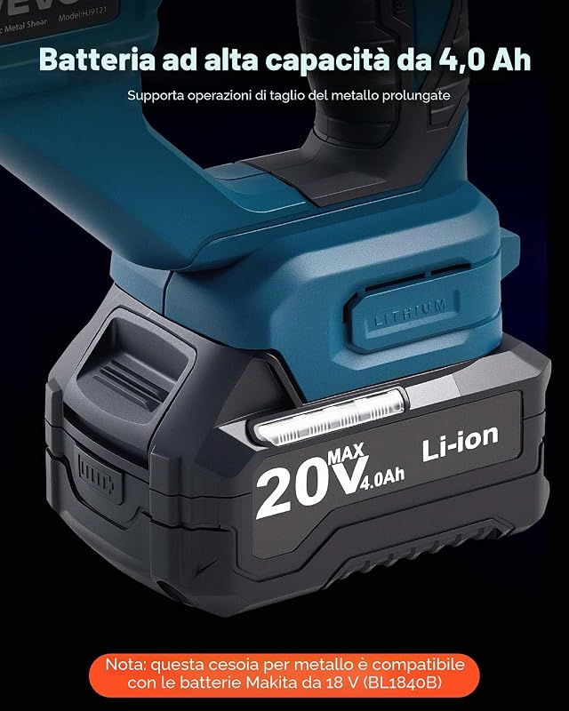 Cesoia per Metallo, Taglierina per Lamiera Senza Fili con Testa Girevole, Doppie Lame, 220 V CA 20 V CC, Taglia Acciaio Zincato da 1,22 mm, Acciaio Inox da 1 mm, Alluminio, Plastica, 2800 SPM