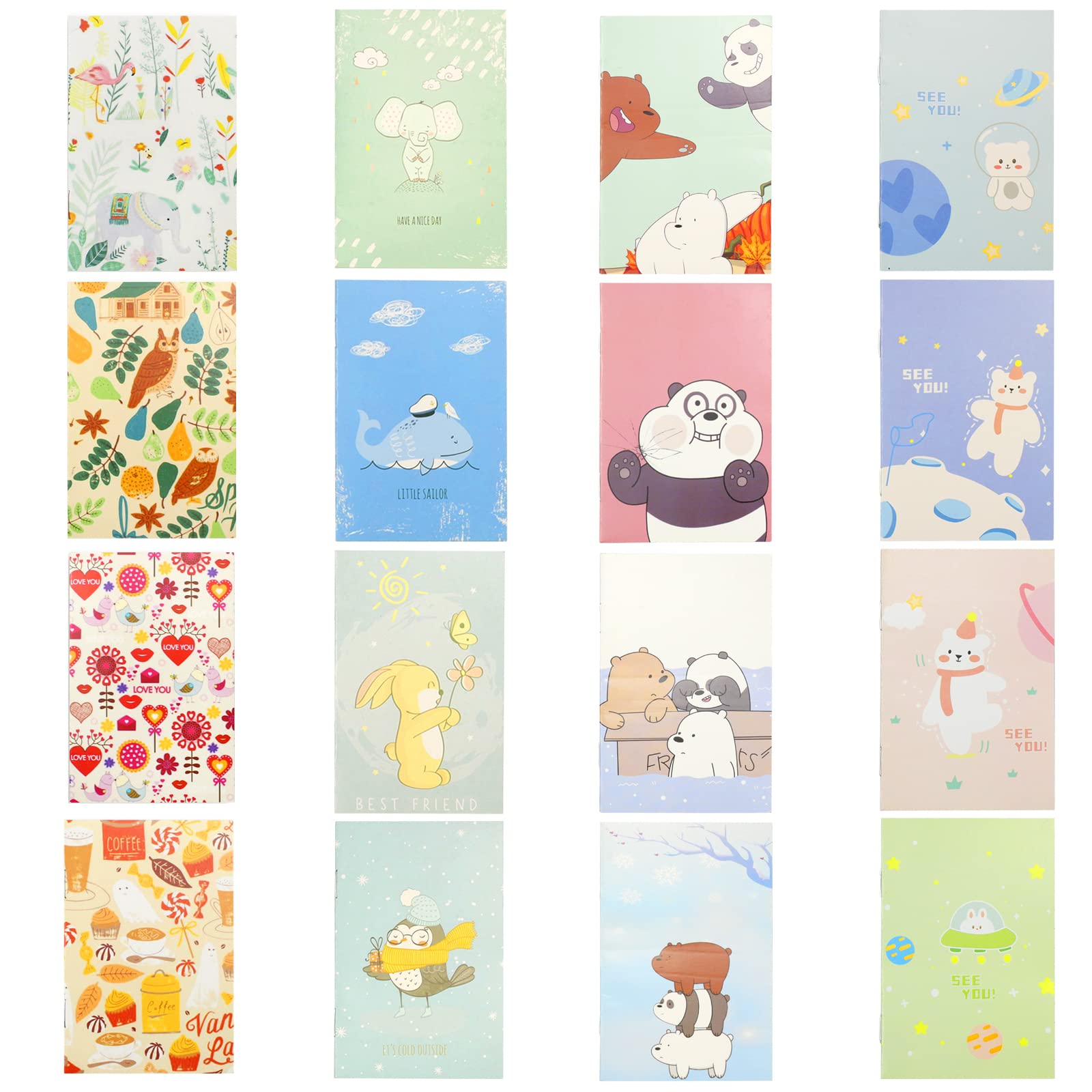 burkfeeg 16 Pieces Mini Notebooks, Small Colorful Pocket Inspirational Notepads Soft Cover Cartoon Cute Pocket Notepad for School Office Travel Present Quick Notes Supplies