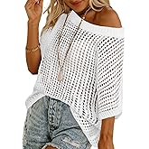 Swimsuit Coverup for Women Beach Vacation Clothes Spring Summer Scoop Neck Short Sleeve Sweaters Casual Crochet Knit Tops