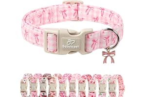 Babole Pet Girl Dog Collar for Small Dogs - Cute Pink Plaid & Bow Print Spring/Summer Puppy Collar, Soft Adjustable Holiday Female Dog Collars with Quick Release Buckle S