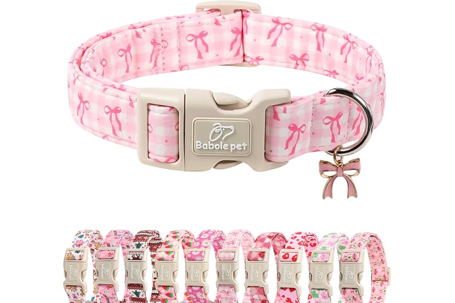 Babole Pet Girl Dog Collar for Puppy Small Dogs - Cute Pink Plaid & Bow Print Spring/Summer Puppy Collar, Soft Adjustable Holiday Female Dog Collars with Quick Release Buckle XS