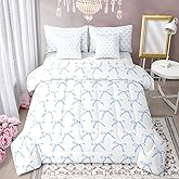Manfei 7 Pieces Cartoon Bowknot Kids Comforter Full Size,Bow Tie Knot Geometric Patchwork Fashion Bedding Set,Hand-Painted Sketch Blue Noble(Comforter+Fitted+Flat+2 Pillowcases+2 Throw Pillow Covers