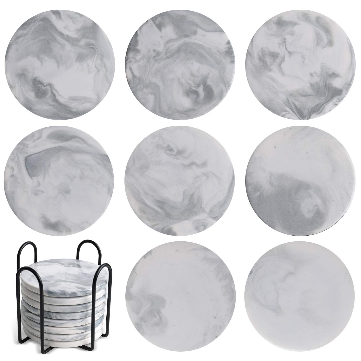 8 Pack Grey Marble Pattern Ceramic Coasters with Holder,Round 3.74 Inch for Drinks Prevent Furniture from Dirty, Spills, Water Ring and Scratched