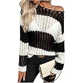 SweatyRocks Women's Striped Pullover Sweater Off Shoulder Long Sleeve Crochet Sweaters Fall Outfits