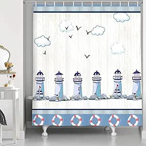 Cortina de ducha temática náutica náutica rústica, faro costero de