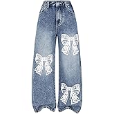 WDIRARA Girl's Y2k Bow Print Denim Pants Straight Leg Elastic Waist Jeans