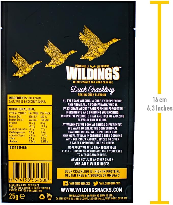 Wilding\'s Peking Duck Crackling 25g Peking Duck CracklingHI, I\'M ADAM WILDING, A CHEF, ENTREPRENEUR, AND ABOVE ALL A FOOD FANATIC WHO IS PASSIONATE ABOUT TRANSFORMING THE FORGOTTEN INGREDIENTS AND BRINGING YOU EXCITING, INNOVATIVE PRODUCTS THAT ARE FULL OF AMAZING FLAVOUR & TEXTURE. (634158534508)