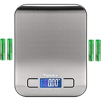 TOMIBA Digital Kitchen Food Scale 11 lb Grams and Ounces Small Stainless Steel Backlit Silver Batteries Included