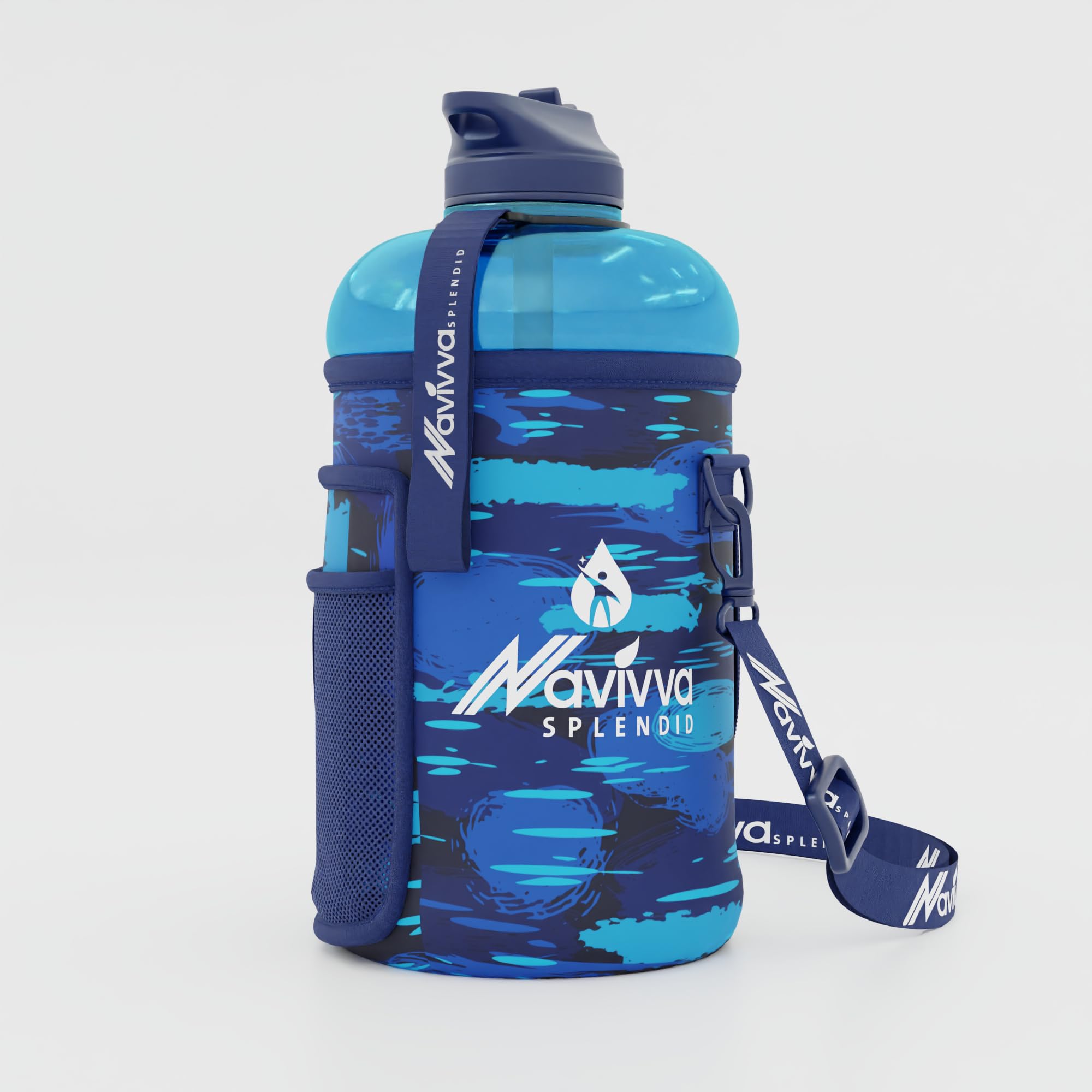 NAVIVVA SPLENDID Large 2L Water Bottle with Insulating Neoprene Cover and Straw Lid - BPA-Free, Dishwasher Safe, Portable, Eco-friendly with Carry Handle – Huge 2.2 Litre Capacity.(Blue Water Drops)