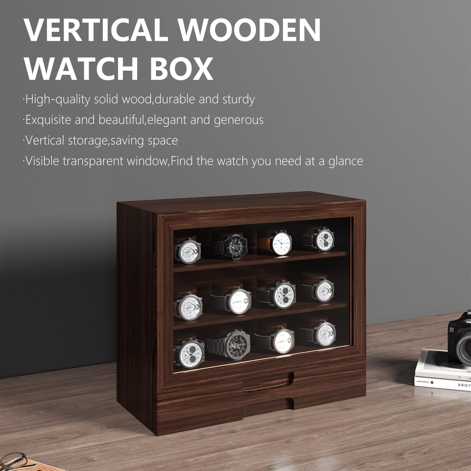 AUTOARK Wooden Watch Sunglass Display Case,12 Watch Box with Jewelry Drawer,Watch Eyeglass Holder with Window,Vertical Storage,Gift Idea,Walnut,AW-185