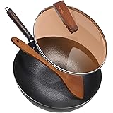 Carbon Steel Wok Pan with Lid & Wood Spatula, Aneder 12.5" Cast Iron Stir Fry Pan with Flat Bottom and Wooden Handle for Elec