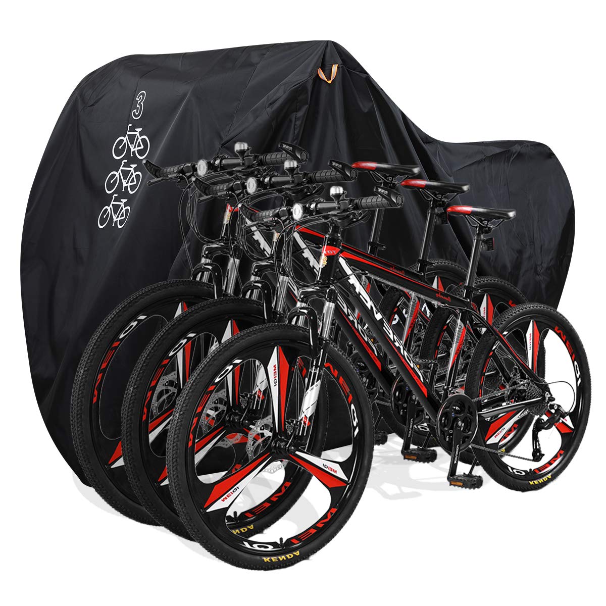 DerBlue Bike Cover for Up to 3 Bikes with Lock Hole - Reflective Safety Loops - Waterproof, UV Protection - Heavy Duty 210D Nylon Ripstop