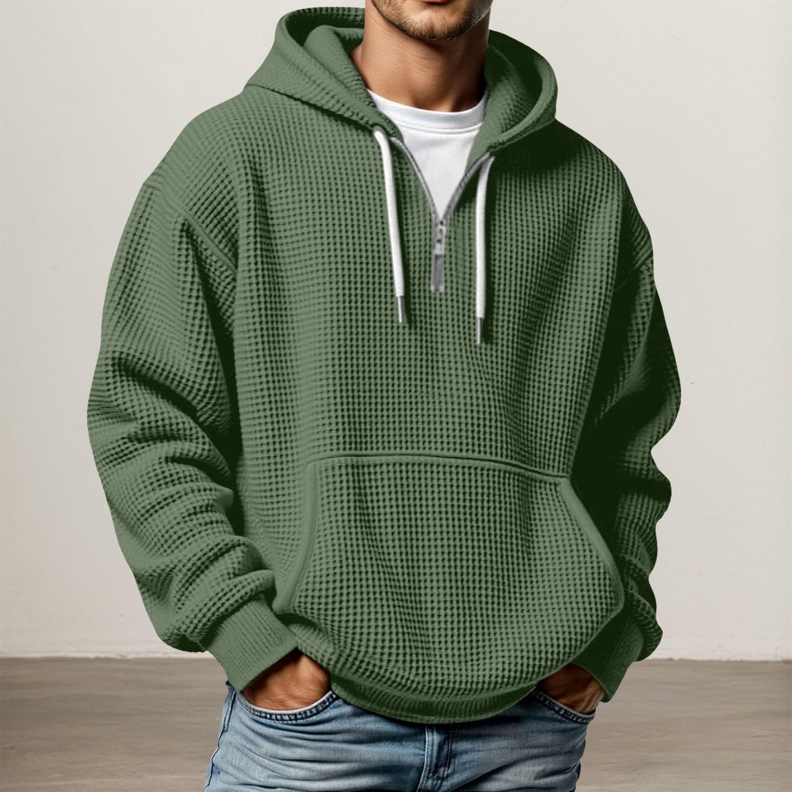 Sweatjacke Herren,Kapuzenpullover Herren mit Waffelmuster Lässig Lockere Hoodies Taschen Einfarbig Bequem Pullover Alltag Freizeit Sport Kapuzen Sweatshirt Teenager Streetwear Armeegrün XS 2