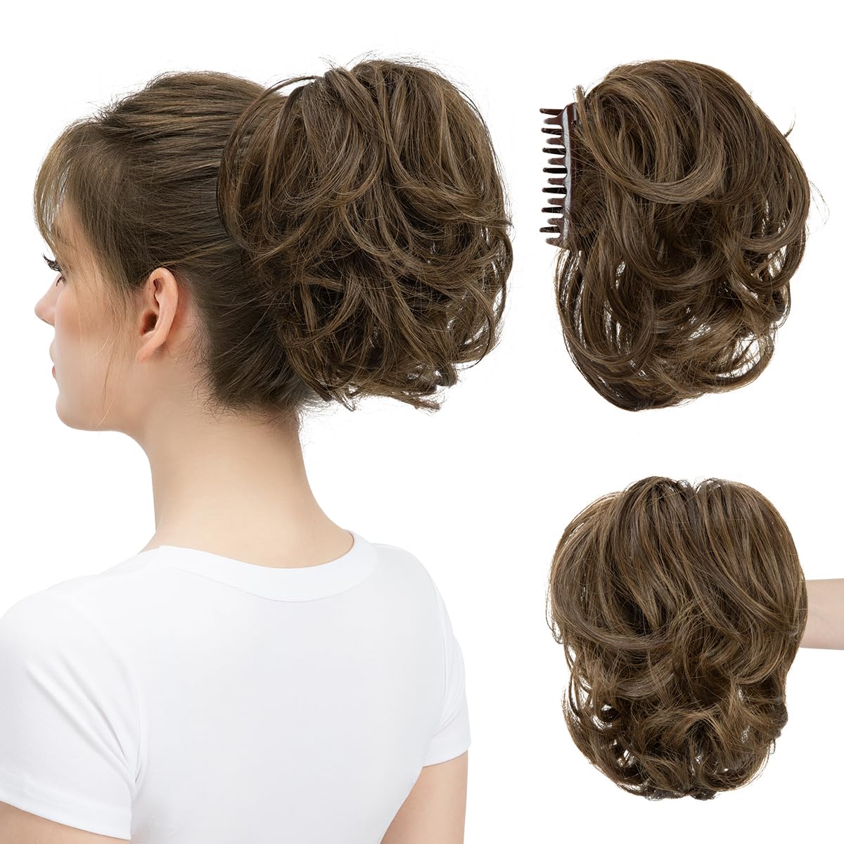 Photo 1 of youngways Claw Clip Short Ponytail Messy Bun Hair Piece Bendable Hair Branch Extensions Fluffy Wavy Curly Synthetic Versatile Coffee Brown Hairpieces