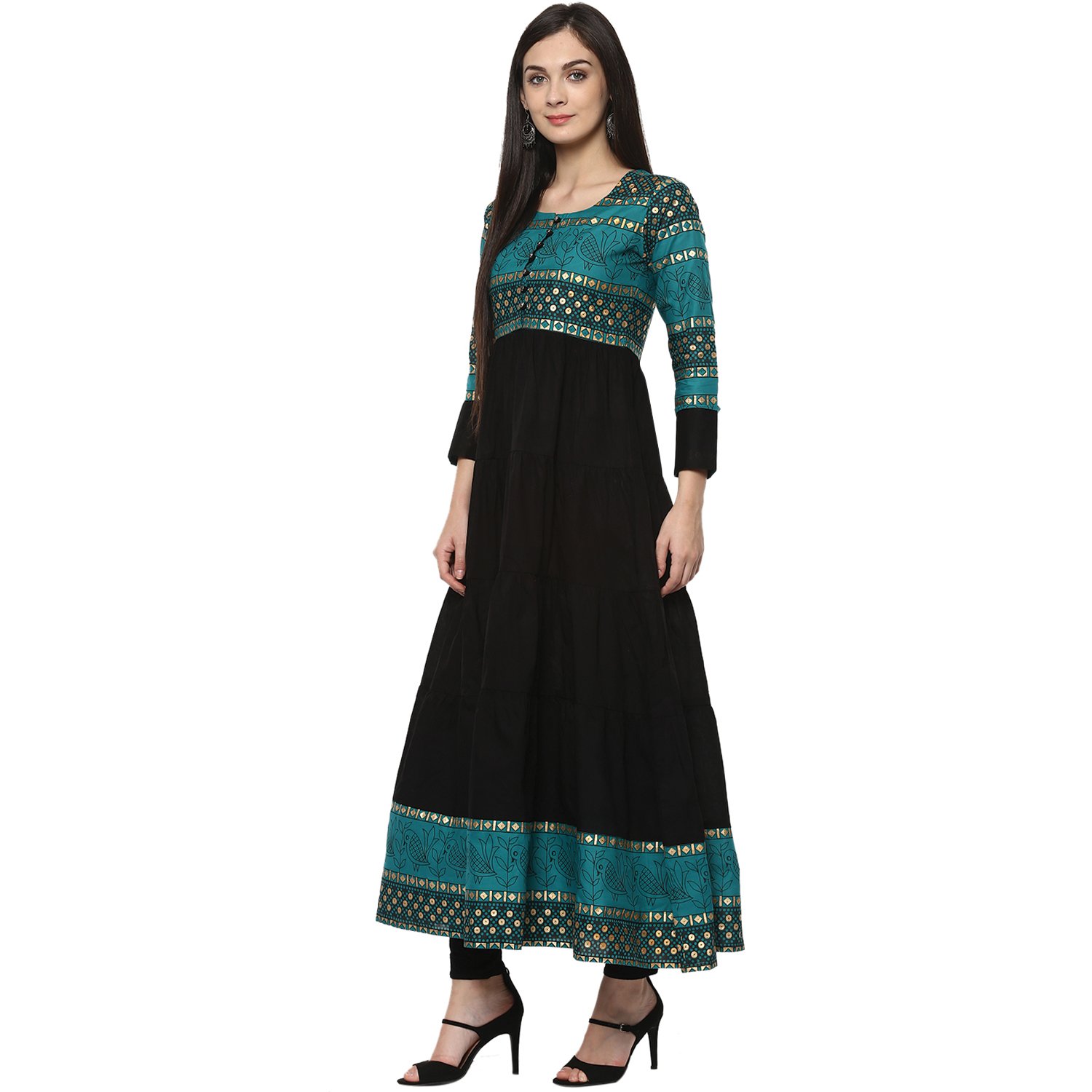 ives anarkali green cotton tribal printed casual kurti for women