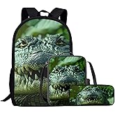 Cool Crocodile Green Backpack for Boys Girls School Backpack with Lunch Box Pencil Case Bookbag Set
