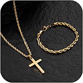 NORBU Stainless Steel Cross Necklace and Bracelet Set for Men, Rope Link Chains 18"/20"/22" Length, Bracelet 7 1/2" and 8" Length, No Tarnish & Durable Mens Religious Gift