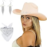 JIANGLAI Western Cowgirl Hat for Women Men, Fedora Wide Brim Rhinestone Cowboy Hat with Bandana and Cowgirl Tassels Earrings