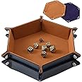 Grajar 2 Pcs Portable Folding Dice Rolling Tray Set for RPG DND Table Games - PU Leather and Velvet Holder Storage Box - Navy Blue and Camel