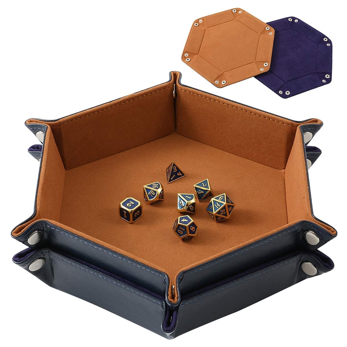 Photo 1 of Grajar 2 Pcs Portable Folding Dice Rolling Tray Set for RPG DND Table Games - PU Leather and Velvet Holder Storage Box - Navy Blue and Camel