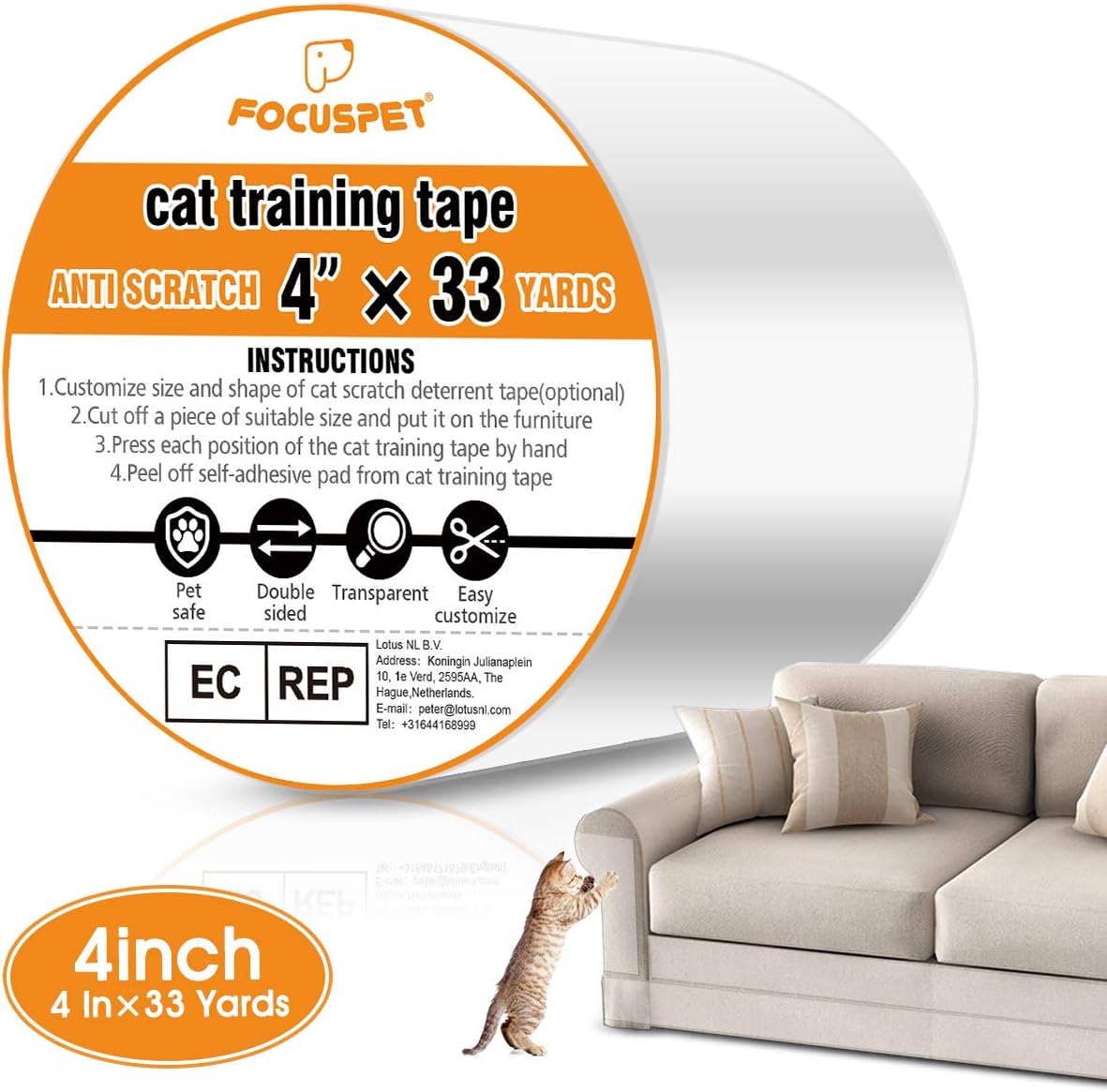 FOCUSPET Cat Scratch Deterrent Tape 4" x 33 Yards (33% Wider) Furniture Protectors from Cats | Cat Training Tape Scratch Pad Double-Sided Furniture Protectors for Sofa, Couch, Door : Pet Supplies