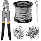 328ft Wire Rope Crimping Tool Kit, 1/16" Stainless Steel Wire Rope Cable with Aluminum Crimping Sleeves and Stainless Steel Thimbles for Railing, Decking, Picture Hanging