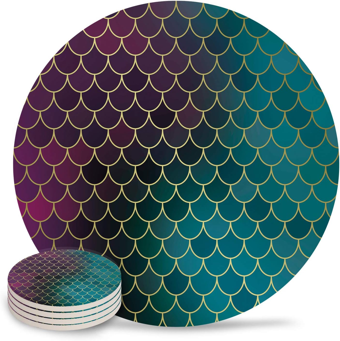 Coasters for Drinks Absorbent Chic Round Cup Holder 4 Pack, Ceramic Bar Coasters for Home Kitchen House Coffee Table Set Decor Ombre Mermaid Fish Scales Cool Wine Glass/Mugs Holder