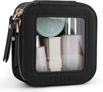 Prite Small Clear Makeup Bag with Gift Box Black Dual Zippers Waterproof PU