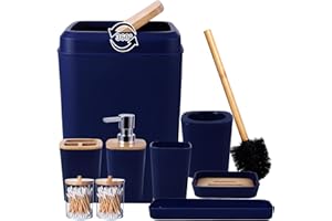 XLHOMO Bathroom Accessories Set, 9 Piece Navy Blue Bathroom Accessory Set with Trash Can,Toothbrush Holder,Toothbrush Cup,Lotion Soap Dispenser,Vanity Tray,Soap Dish,Toilet Brush,Qtip Holder