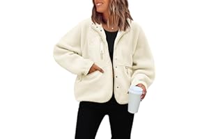 ReachMe Womens Sherpa Jacket Casual Lapel Button Down Cropped Fuzzy Fleece Jackets Long Sleeve Winter Coats with Pockets